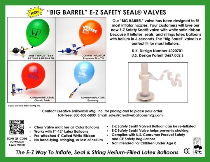 Big Barrel E-Z Safety Seal Balloon Valves are Balloon Accessories and Balloon Plugs for Latex Balloons